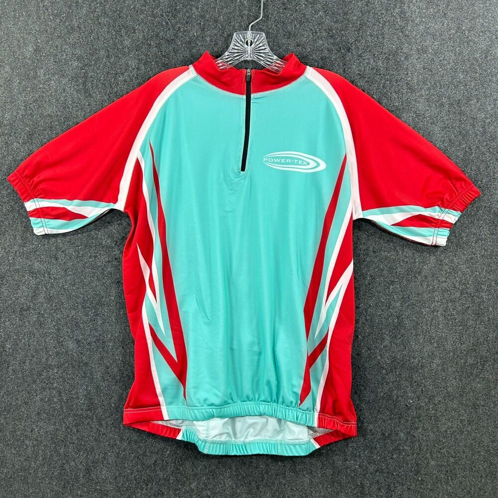 Powertek Cycling Jersey Men's Extra Large Teal Red White Pockets Biking Shirt